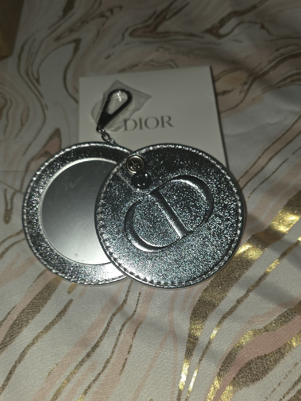 Dior Metallic Silver Round Double Sided Mirror Key Ring. New In Box